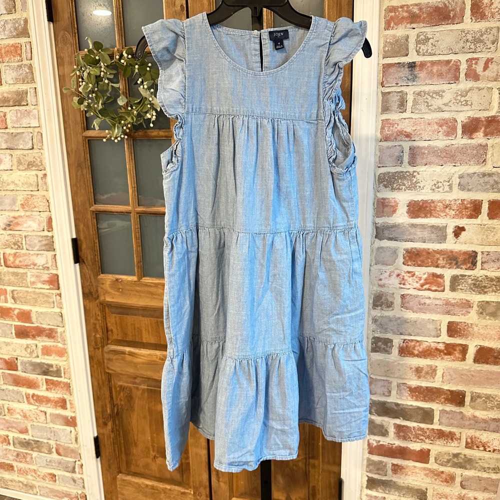 J.Crew Dress Women Blue Chambray Ruffle Sleeve Tiered Cotton Mini Pockets Boho 4